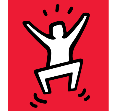 A stick figure jumping up on a red background